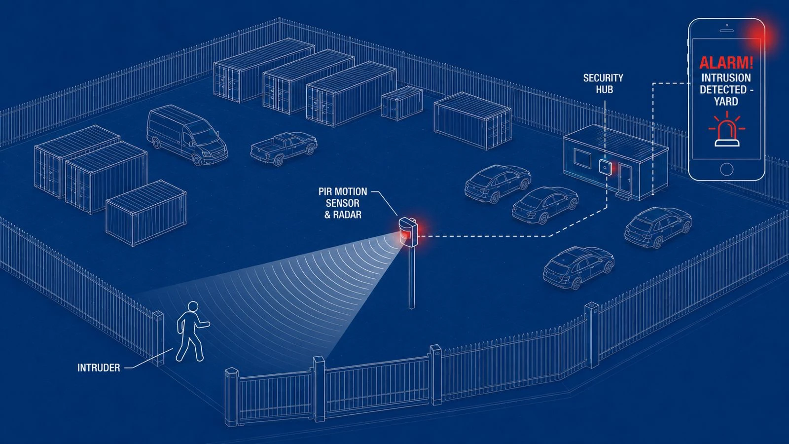 Diagram of a secure storage yard: a PIR motion sensor and radar detect an intruder at the gate, a security hub relays the alert, and an alarm fires on the owner's phone